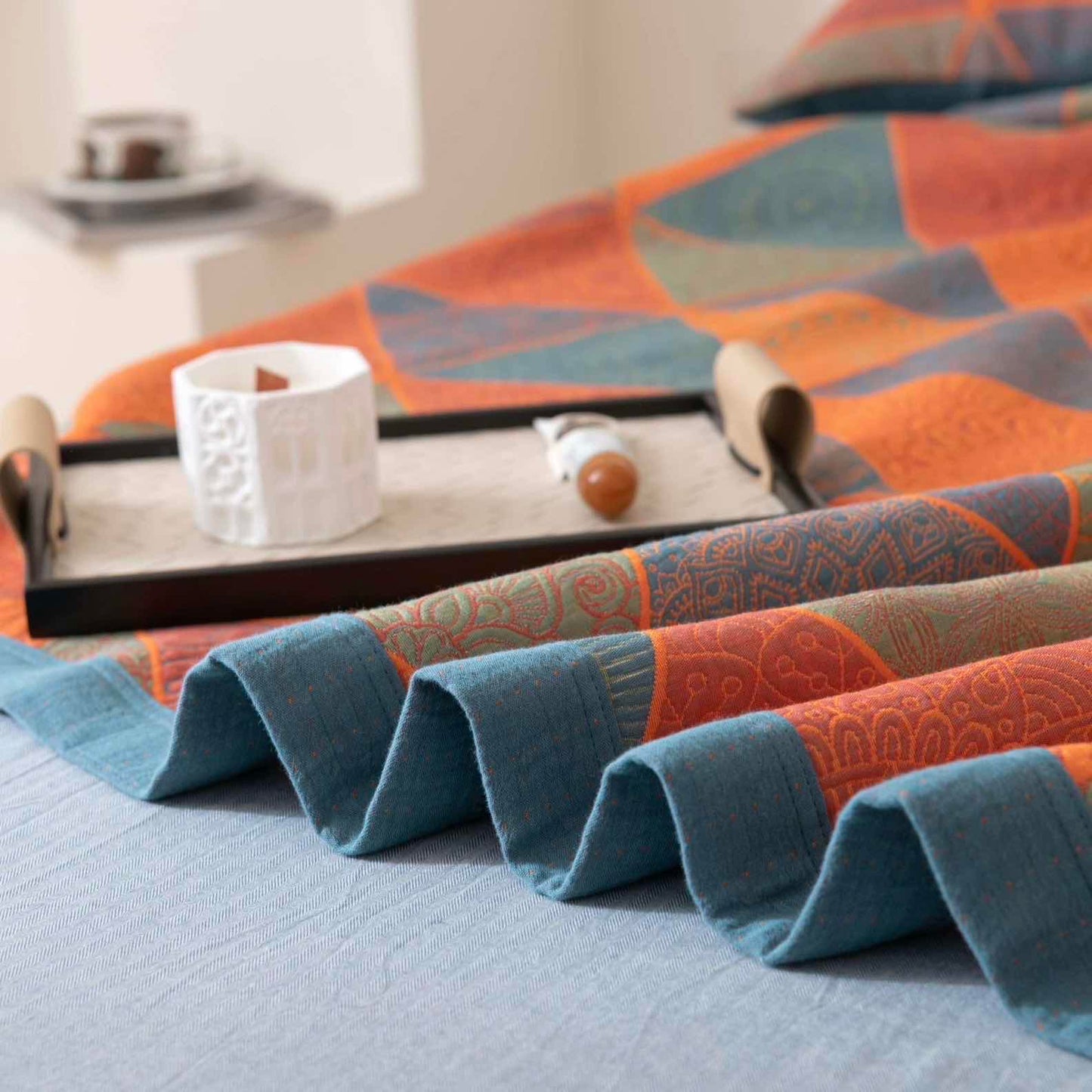 Cassia Boho Reversible Cotton Quilt - Blue & Orange